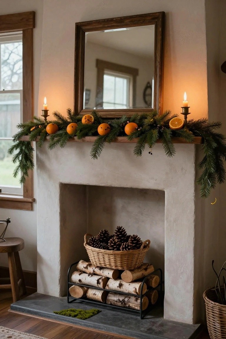 White plaster fireplace mantel decorated with green pine garland, oranges, brass candlesticks with lit candles, and small berries, with a basket of pinecones and birch firewood logs in a rack below.