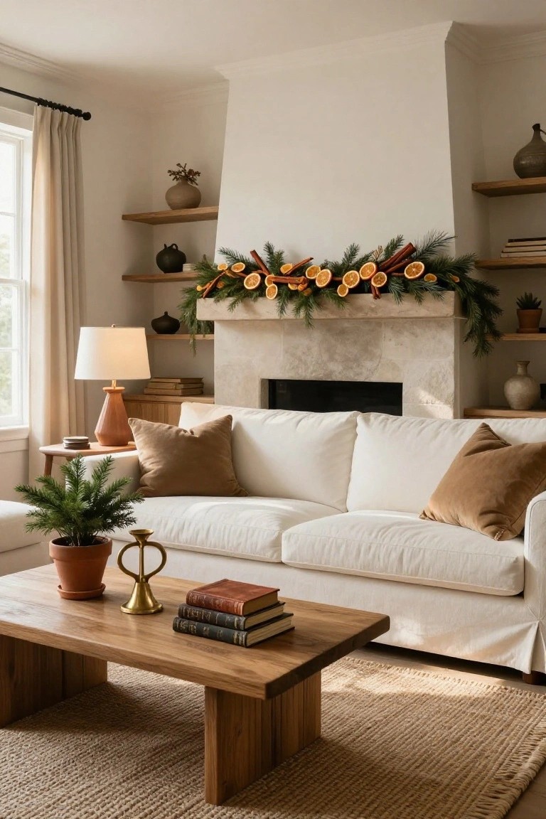 Living room with white sofa, wooden coffee table, stone fireplace mantel decorated with pine garland, dried orange slices, and cinnamon sticks, neutral pottery, plants, and sheer curtains.