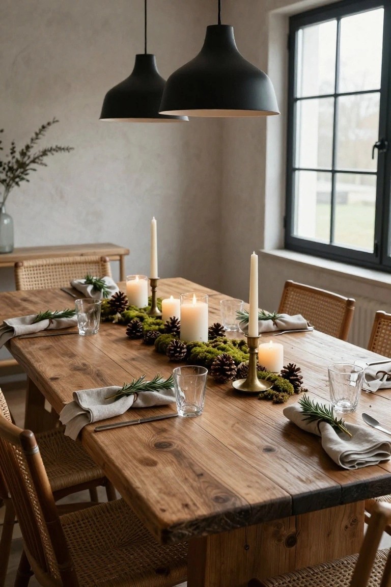 Wooden dining table with Christmas centerpiece of green moss garland, pinecones, white taper candles in brass holders, glassware, linen napkins with rosemary sprigs, and rattan chairs in a room with large windows.