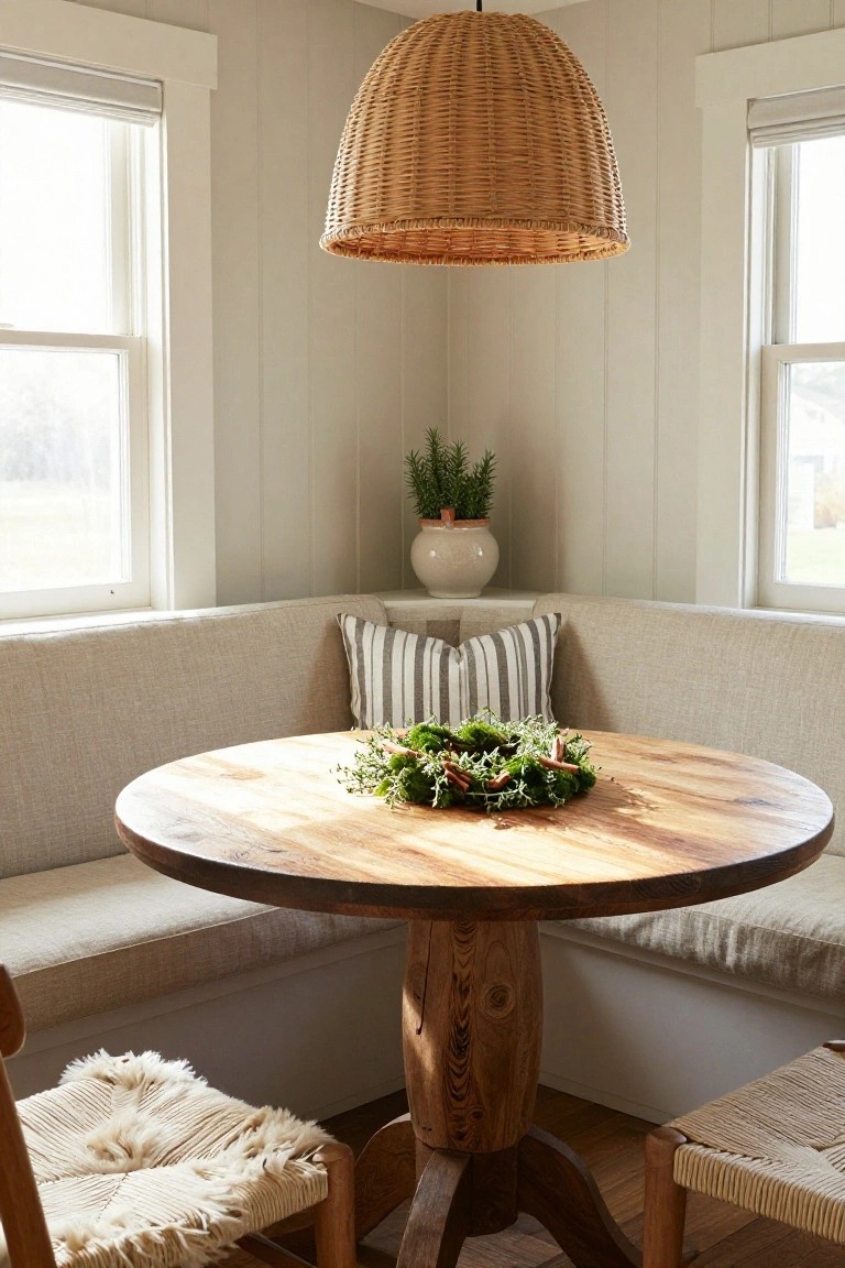 Corner banquette with beige upholstered seating around a round wooden pedestal table topped with a moss wreath containing berries and twigs, wicker pendant light overhead, potted rosemary on shelf, in a white paneled room with double-hung windows.