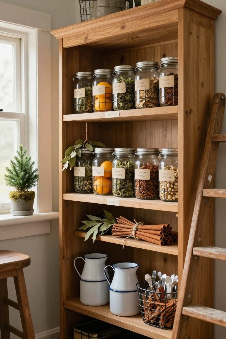 Wooden open shelving unit stocked with glass jars of dried herbs, orange slices, spices, nuts, and cinnamon sticks in a light-filled kitchen corner next to a window and small potted tree.