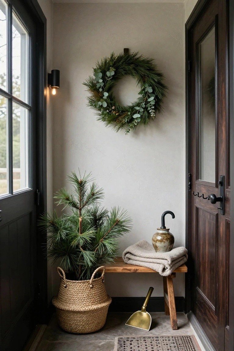 Narrow covered porch entry with black doors on both sides, wooden bench holding seagrass basket with small potted pine tree, folded beige wool blanket, brass vase and dustpan, pine and eucalyptus wreath on plaster wall, black wall sconce, and slate tile floor with woven doormat.