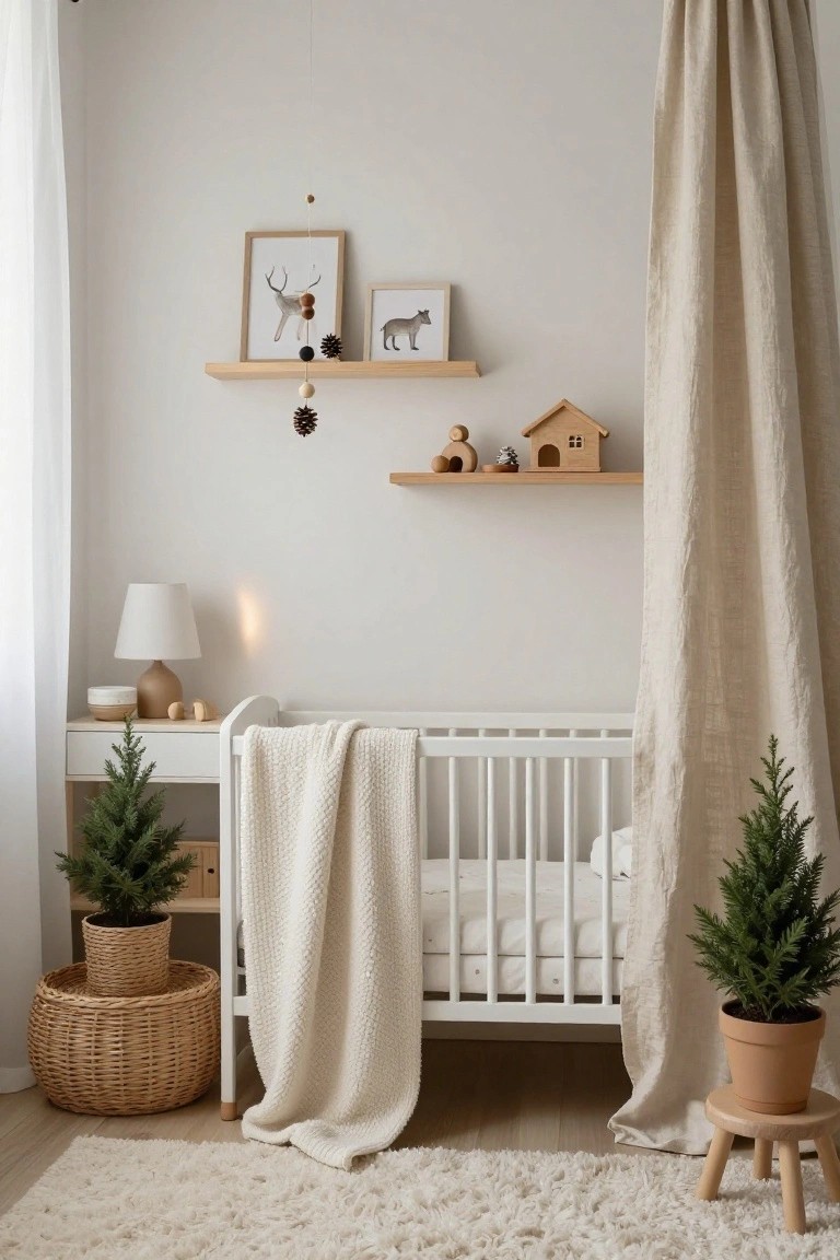 Beige nursery room featuring a white crib with knit blanket, two small potted Christmas trees beside it and the dresser, wooden shelves with deer prints and toys, lamp on side table, linen curtain, and fluffy white rug on wood floor.