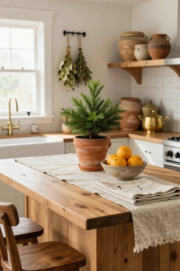 Cozy kitchen with wooden island holding a small potted fir tree in terracotta pot, bowl of oranges on linen runner, wooden stools, and surrounding shelves with pottery and dried herbs.