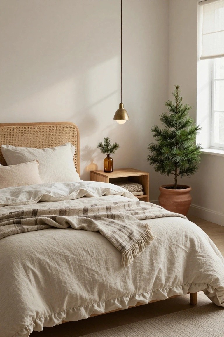 Cozy bedroom corner featuring a rattan headboard bed with white linen bedding and gray plaid throw, wooden nightstand holding amber glass bottle with fir branches, hanging brass pendant lamp, and potted small Christmas tree in terracotta pot next to window with blinds.