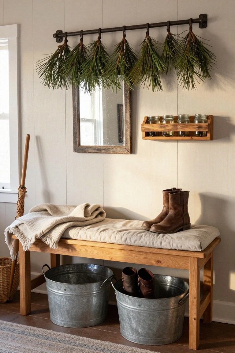 Indoor entryway featuring a wooden bench with cushions and throw blanket, galvanized metal buckets holding boots, hanging bundles of pine branches above a rustic mirror, wooden shelf with glass jars, umbrella, and wicker basket nearby.