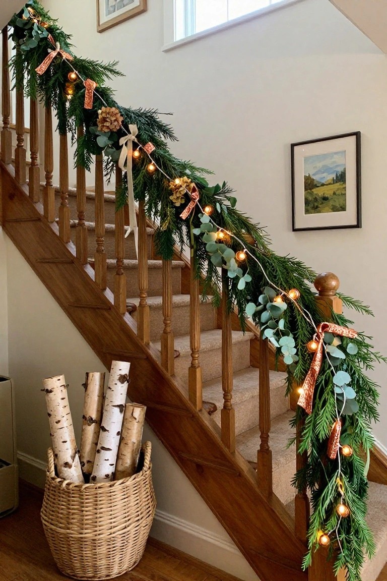 Wooden staircase railing wrapped in green pine garland, eucalyptus leaves, orange ribbons, pinecones, and dried hydrangeas, with warm white fairy lights, and a wicker basket of birch branches at the base next to the stairs.