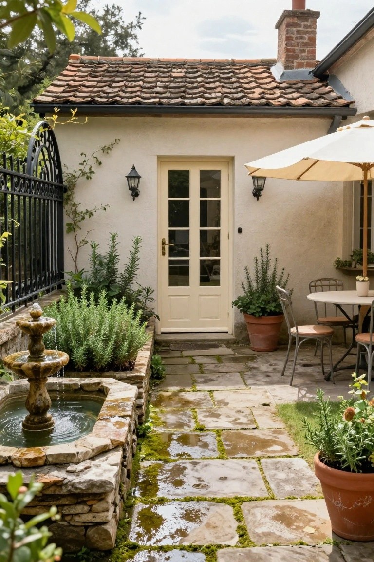 Close view of a small stone fountain in a raised rectangular bed planted with rosemary bushes next to a wet stone path leading to pale yellow French doors on a cream stucco wall, with wrought iron gate, wall lanterns, potted plants, and a white bistro table with metal chairs under a beige umbrella in a leafy courtyard.