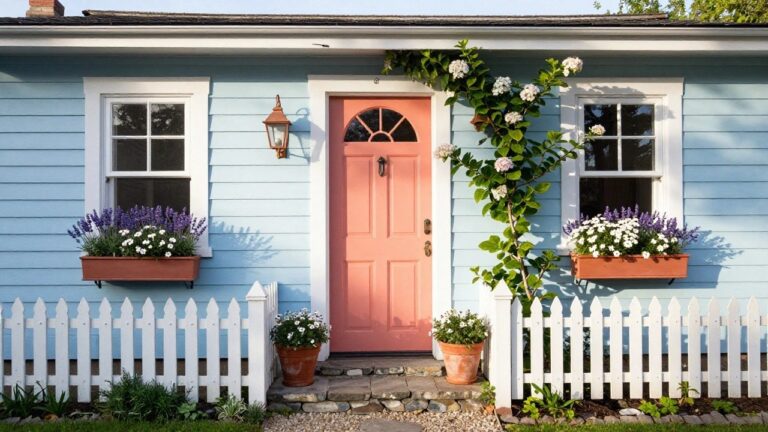 Light blue shingled cottage exterior with pink paneled front door, white trim and picket fence, copper lanterns, potted lavender, window box flowers, climbing hydrangeas, and stone entry steps.