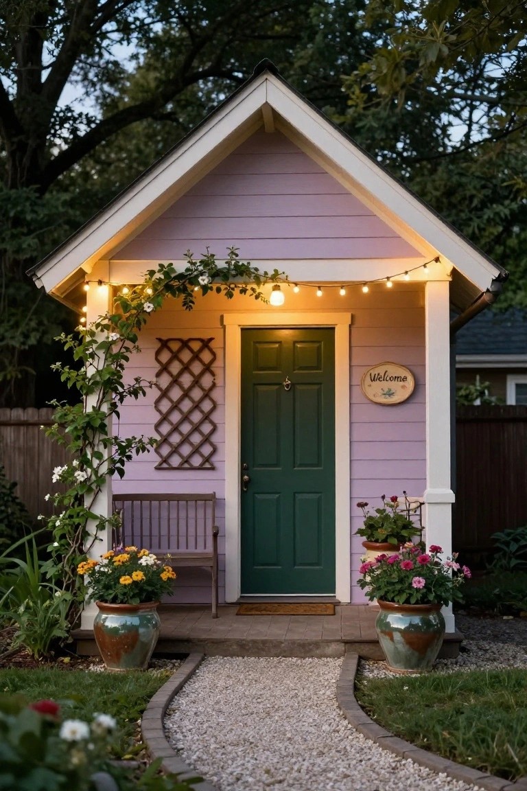 Small lavender clapboard cottage with gabled roof, white trim, green front door, lattice side panel with climbing vines, wooden bench, potted plants, welcome sign, string lights, and curved gravel path in a backyard garden at dusk.