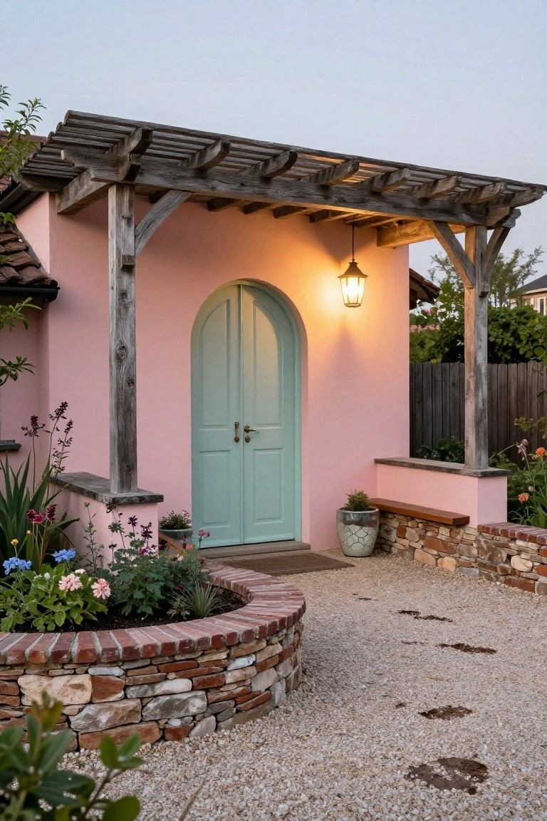 Pink stucco cottage exterior featuring arched turquoise double doors under a wooden pergola with a hanging lantern, surrounded by plants, a brick planter, stone wall, and gravel path.