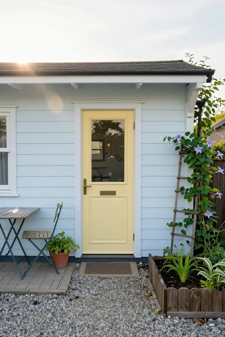 Pale blue clapboard shed with yellow front door and glass panel, white-framed window beside it, small bistro table and chair on patio, potted plant by door, climbing purple flowers on bamboo trellis, gravel ground.