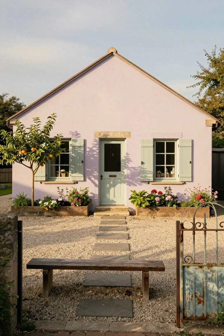 Pale pink cottage house with green shutters and door, flanked by flower beds in wooden planters, a gravel path with stone steps, wooden bench, and rusted iron gate.