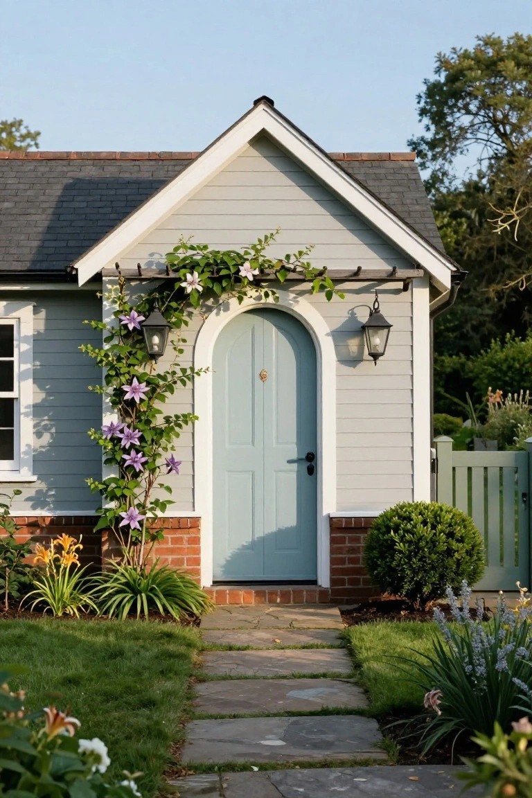 Pale gray clapboard cottage with turquoise arched front door framed by climbing purple clematis vines, flanked by black lanterns, brick plinth, garden plants, and stone path leading to a green gate.