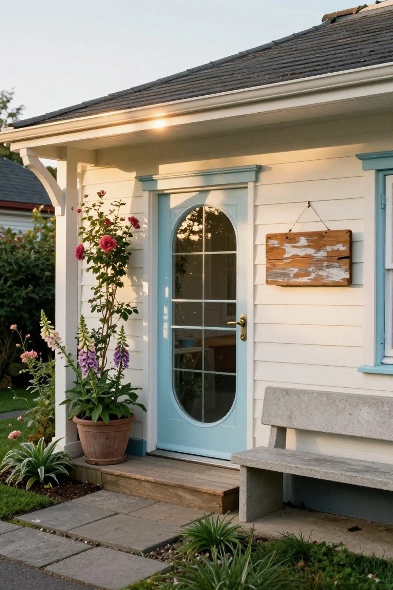 White clapboard house exterior featuring a light blue arched door with glass panels, climbing roses and foxgloves in a terracotta pot beside it, a weathered wooden sign hanging on the wall, a concrete bench, and stone steps leading to the entry.