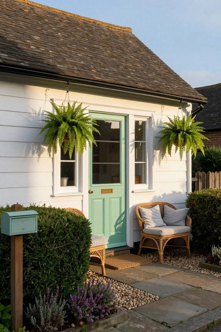 Small white weatherboard cottage with dark tiled roof, mint green front door and window frames, two hanging ferns flanking the door, rattan chairs with cushions on stone path, boxwood hedges, blue mailbox, lavender plants, and gravel beside a wooden fence.