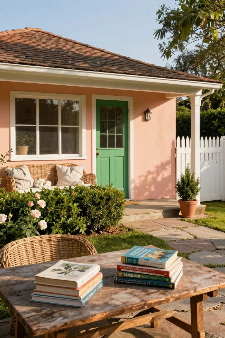 Pastel pink cottage house with green front door, white window frames and trim, wicker bench, potted plants, hedges, roses, and stack of books on wooden table in front yard.