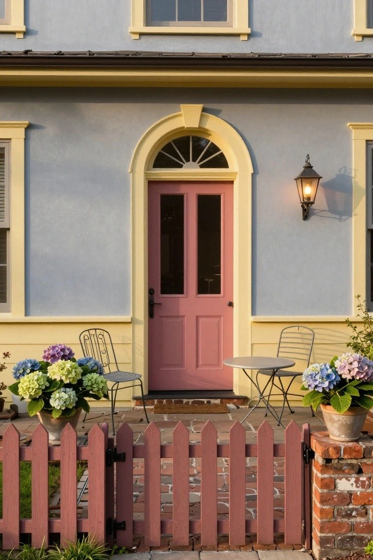 Light blue clapboard house with yellow trim and arched pink double front doors, metal bistro table and chairs with white hydrangea pots on the stoop, lantern light, and red picket fence with brick base.