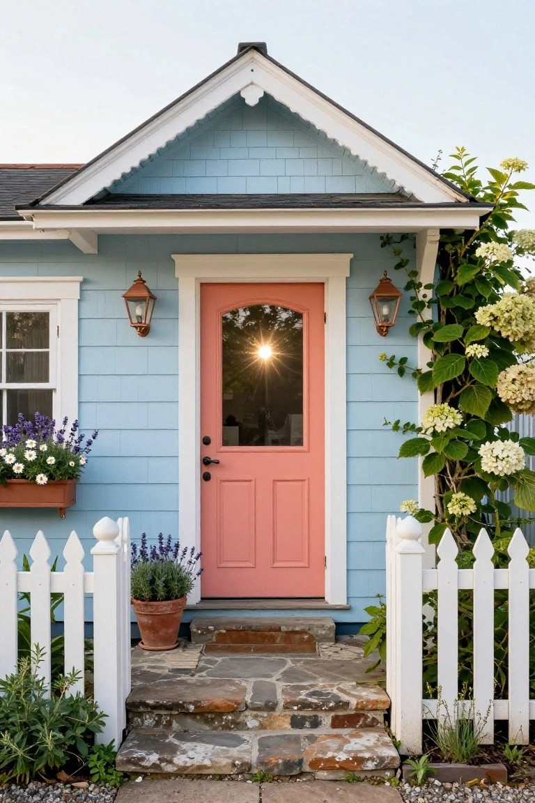 Light blue shingled cottage exterior with pink paneled front door, white trim and picket fence, copper lanterns, potted lavender, window box flowers, climbing hydrangeas, and stone entry steps.
