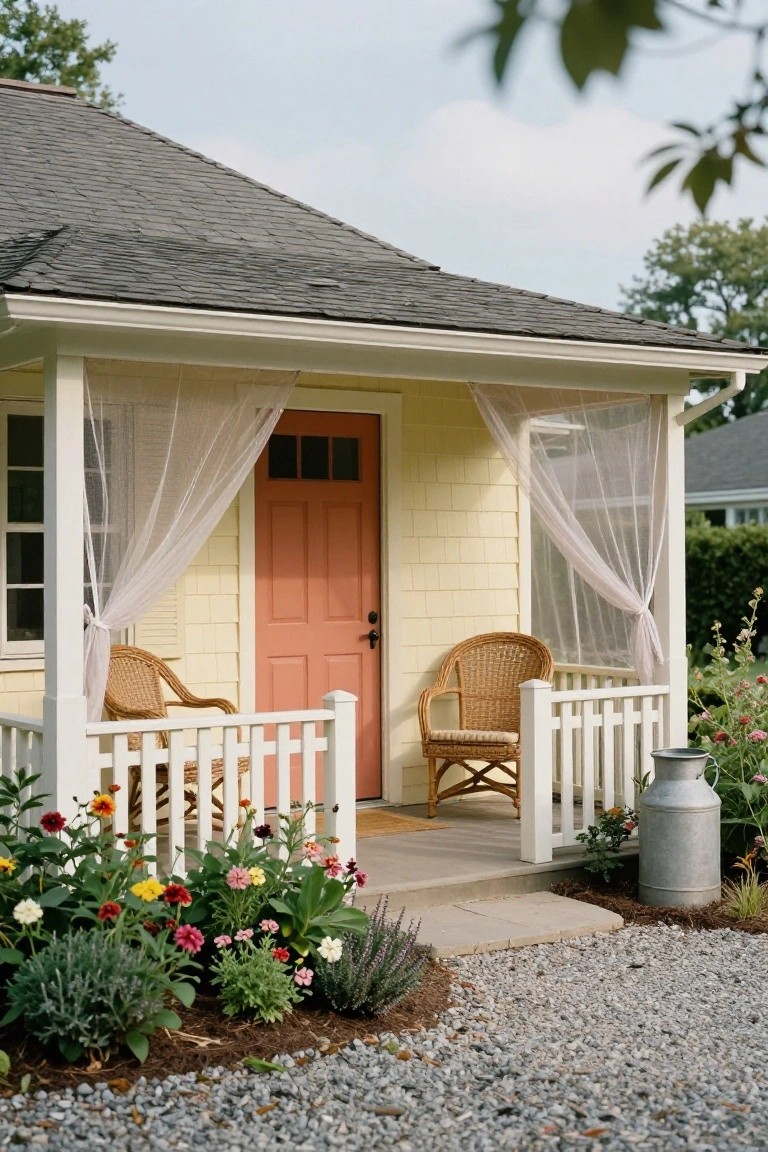 Pale yellow clapboard cottage with gray shingle roof, orange front door, white porch railing enclosing two wicker chairs under draped sheer white curtains, colorful flower beds, and a metal milk can planter beside gravel path.