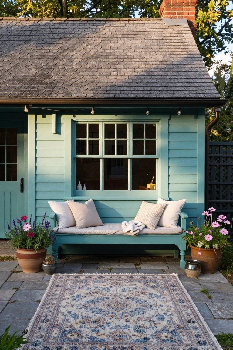 Light turquoise clapboard garden shed with sloped roof, multipaned window, double doors, matching wooden bench with beige cushions and pillows, potted flowers on either side, metal lanterns, and a blue and white rug on stone patio.