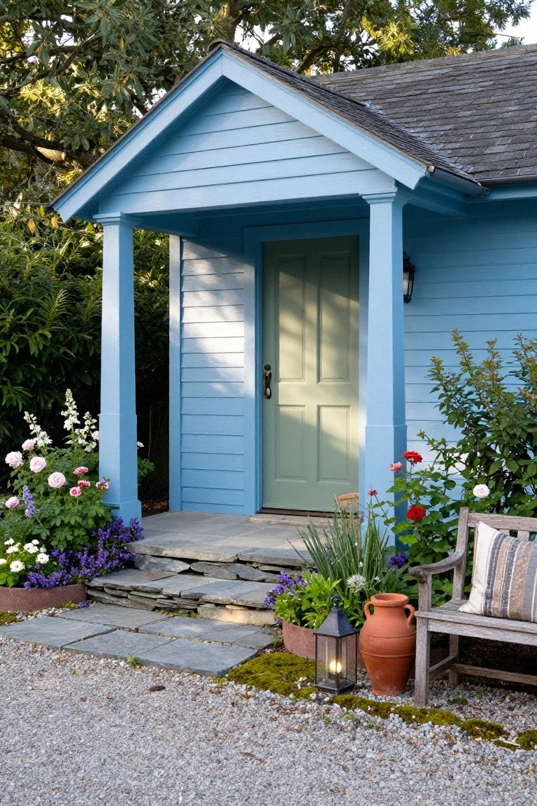 Light blue clapboard cottage with gabled roof and covered porch supported by white columns, green front door, stone entry steps, potted plants and flowers, gravel path.