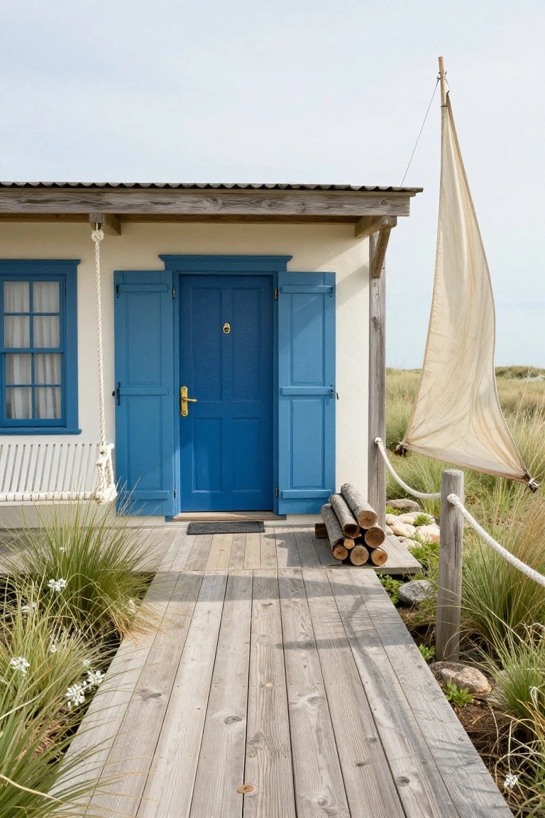Small cottage with beige walls, blue shutters on windows, blue front door with brass knocker, white porch swing, wooden boardwalk path through dune grass, stacked firewood, and beige sail on pole nearby.