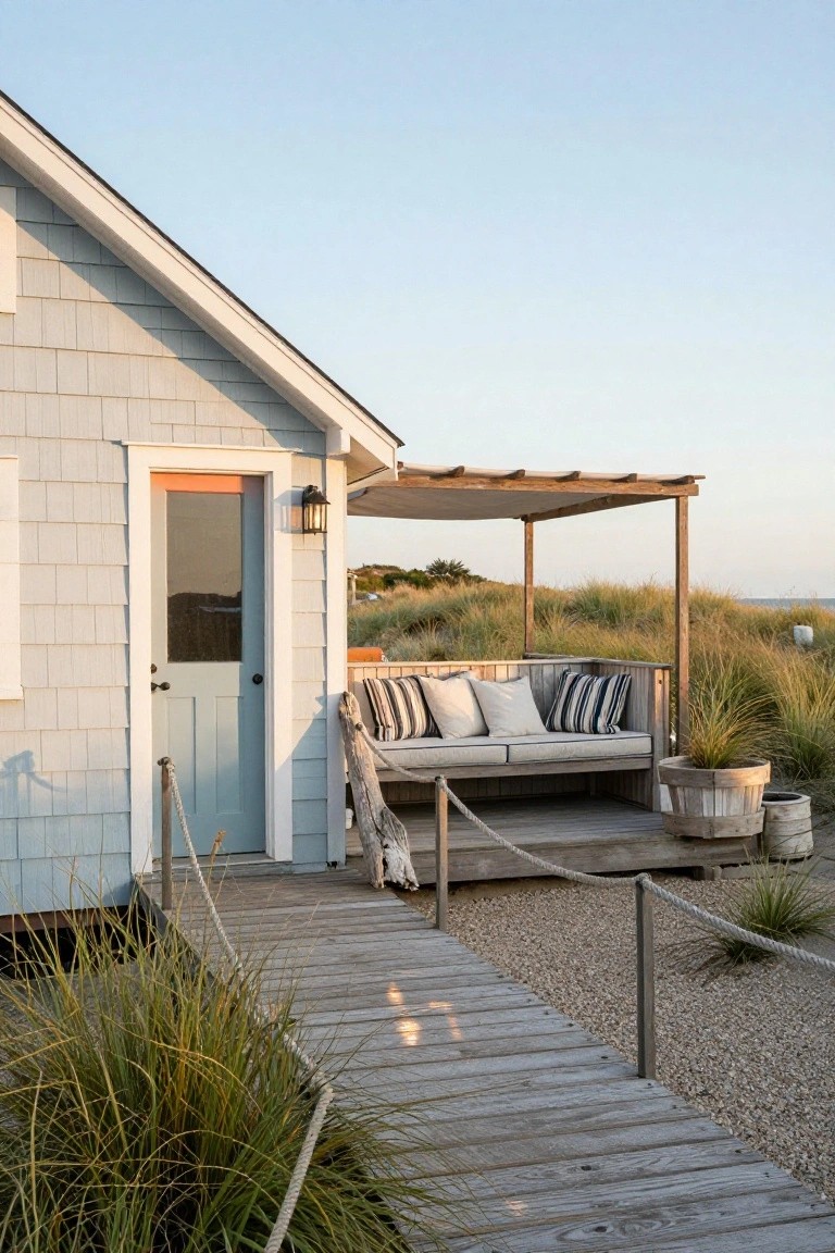 Side angle of a light gray-blue shingled cottage with a turquoise glass door, wooden deck featuring a cushioned bench under a pergola, rope railings, and surrounding beach grass and gravel path.