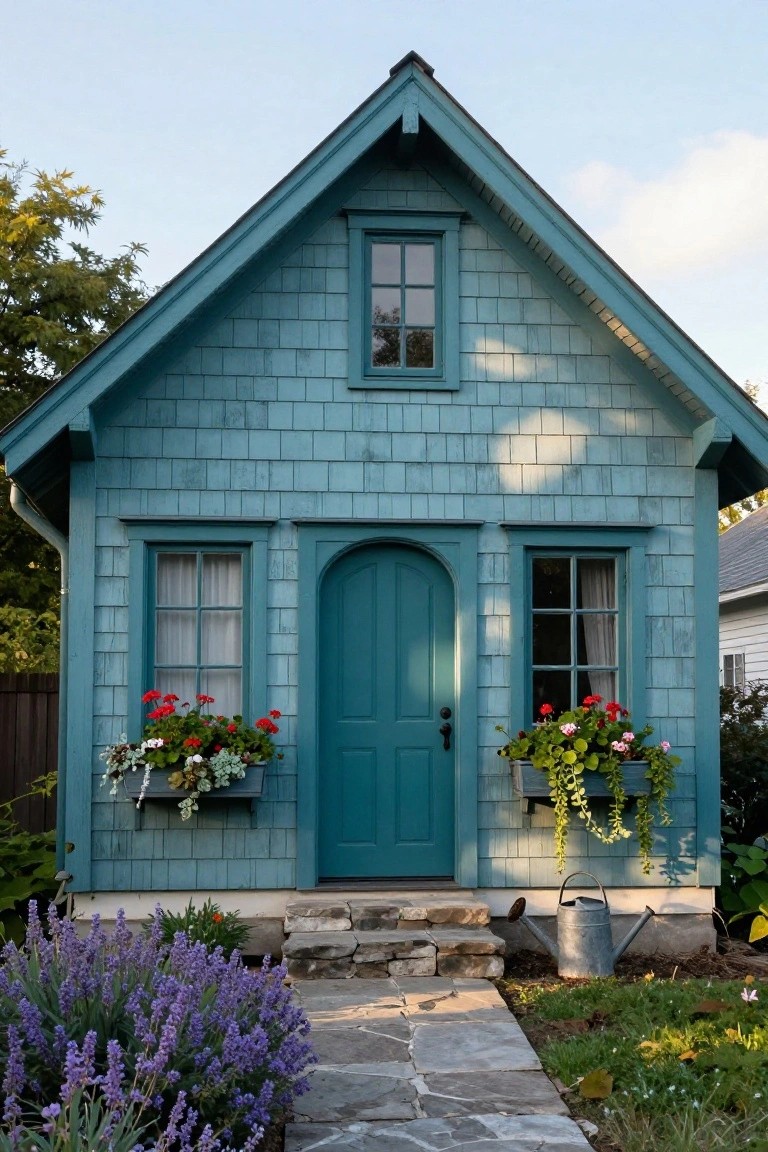 A small turquoise shingled cottage with gabled roof, blue arched door, flower boxes of red geraniums and white blooms on windows, stone steps, watering can, lavender plants, and garden bed.