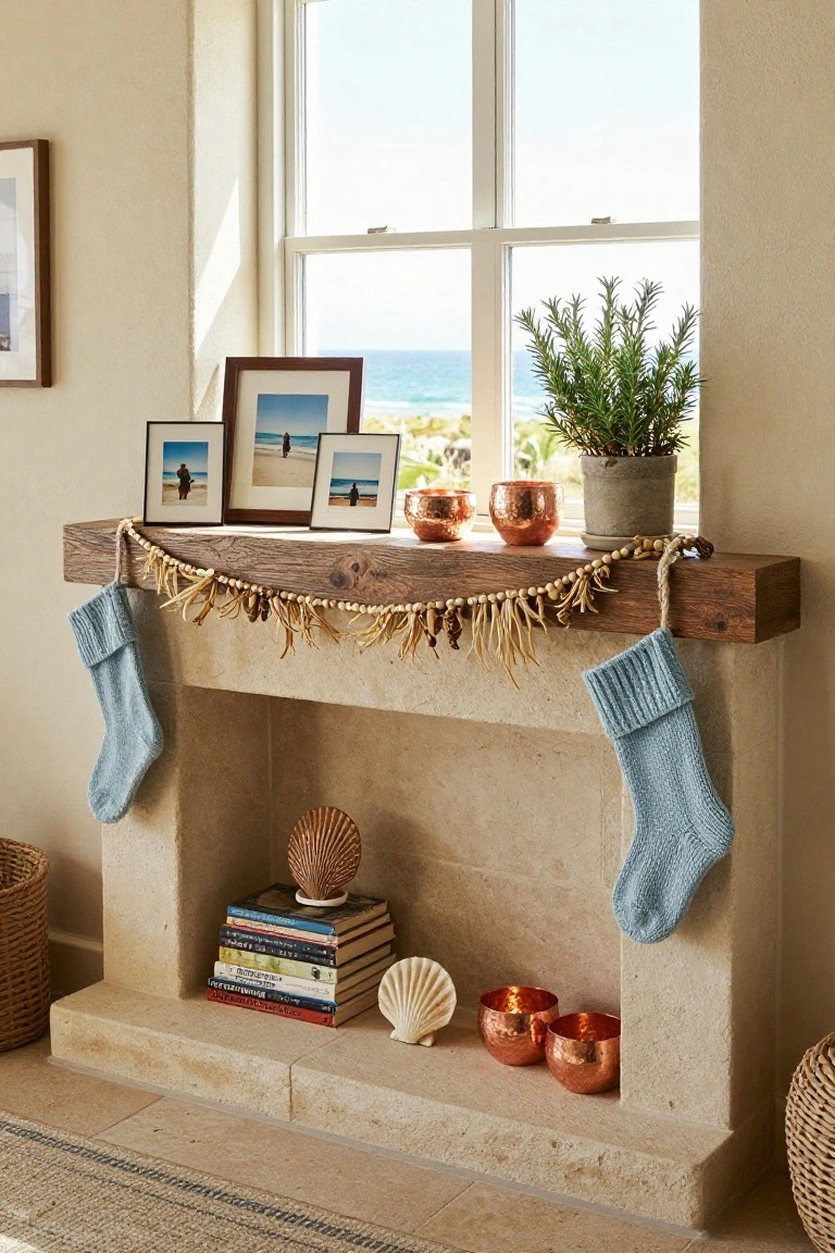 Beige stone fireplace mantel with rustic wooden shelf holding small framed beach photos, blue knit stockings, shell and bead garland, copper candle holders, books, seashells, and a potted rosemary plant, ocean view through nearby window.