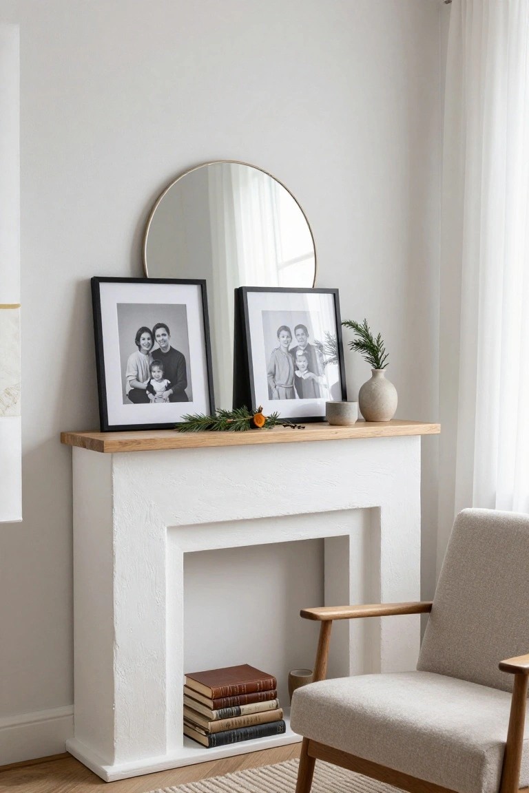White plaster fireplace mantel with oak top holding two black-framed black-and-white family photos, holiday greenery sprigs, orange accents, ceramic vase, and stacked books, beside gold round mirror, sheer curtain, and beige armchair on wood floor.