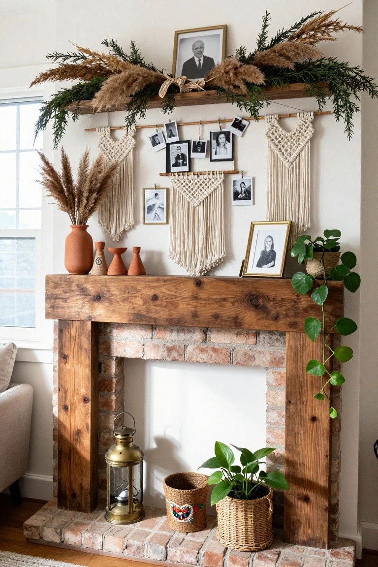 Rustic wood mantel over a brick fireplace decorated with pampas grass garlands, macrame wall hangings with photos, polaroid clips on a bamboo rod, terracotta vases, plants, lanterns, and woven baskets.