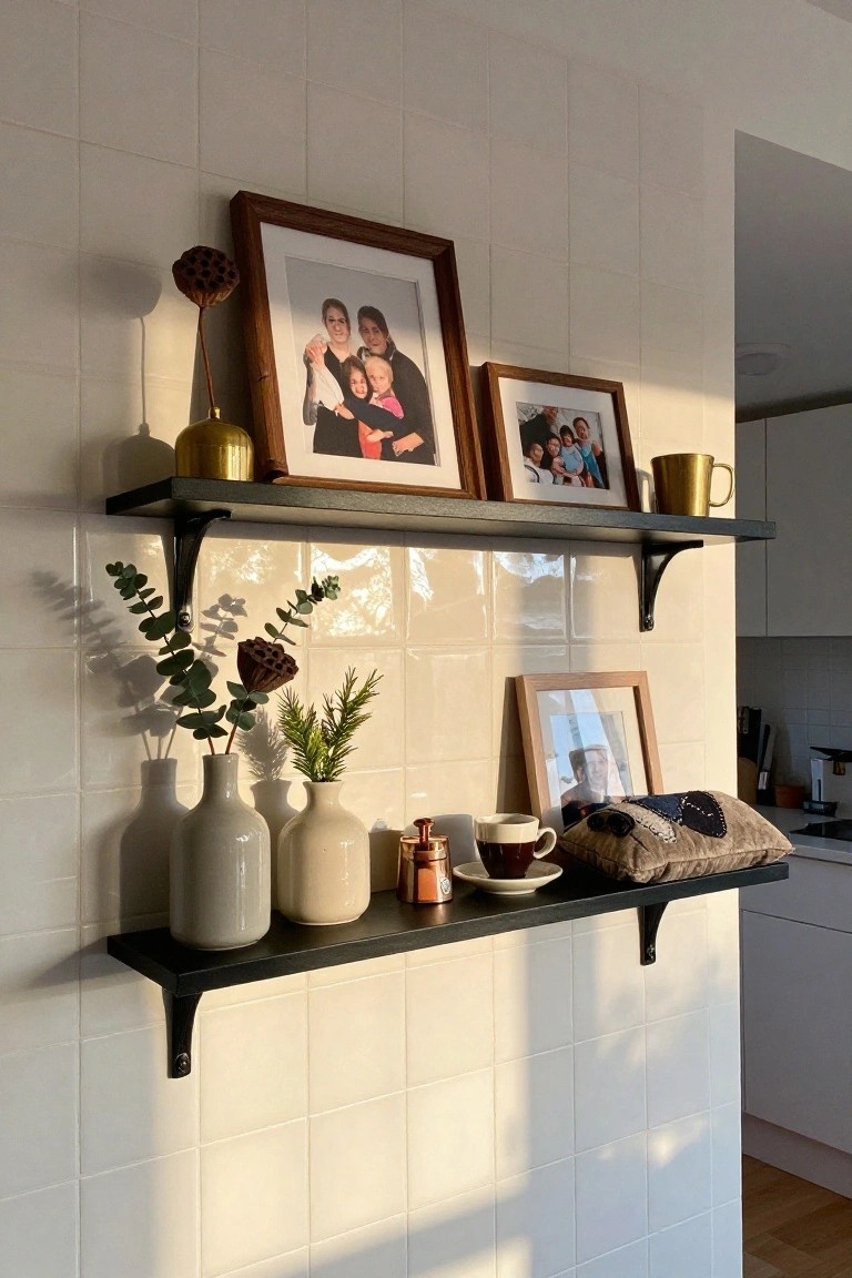 Black wall shelves in a white-tiled kitchen displaying several framed family photos, white vases with eucalyptus and pine branches, dried lotus pods, a gold mug, copper containers, and a folded blanket.