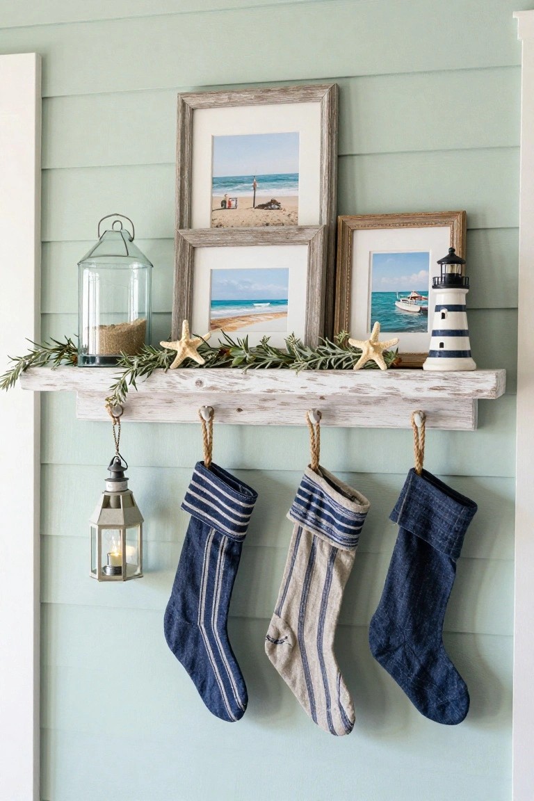 Rustic whitewashed wooden shelf on light green shiplap wall displaying glass jar with sand, starfish, rosemary garland, and photo frames of beaches and lighthouse model, with assorted denim stockings hanging from ropes below and lanterns nearby.