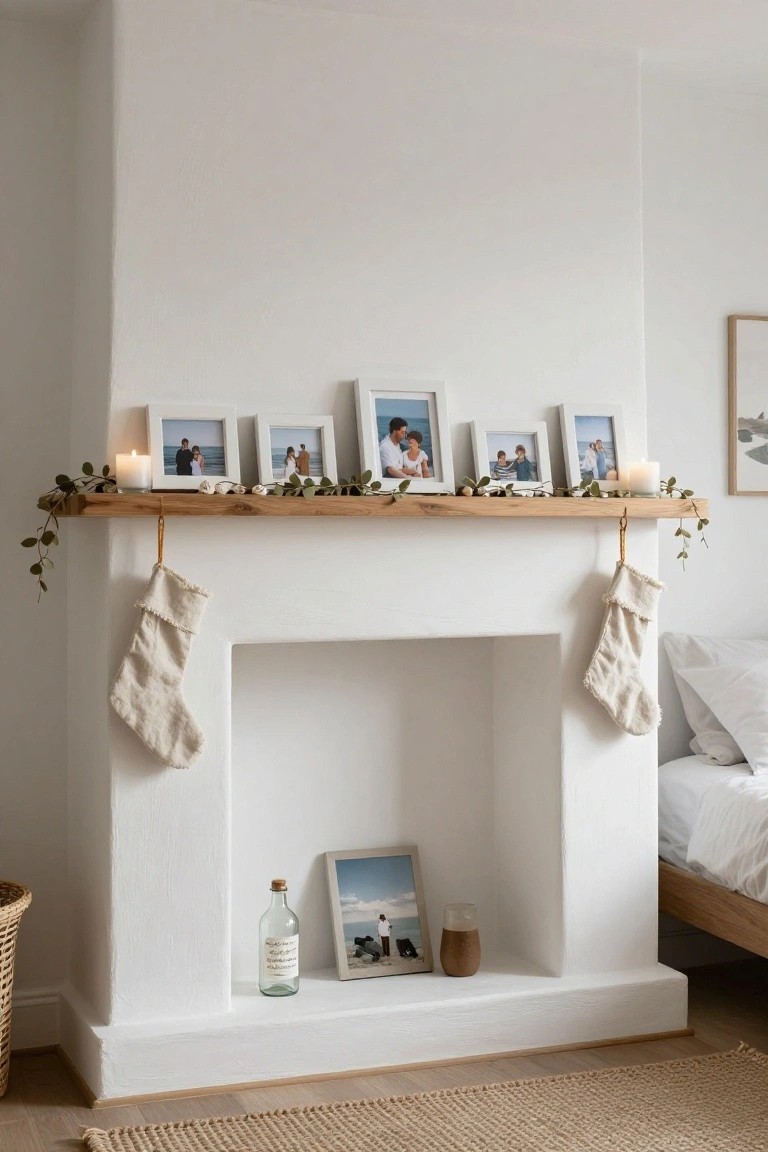 White wooden mantel over a white fireplace decorated with multiple white-framed family photos, eucalyptus garland, two lit candles, a glass bottle, photos on the hearth, and two white fringed stockings hanging from hooks.