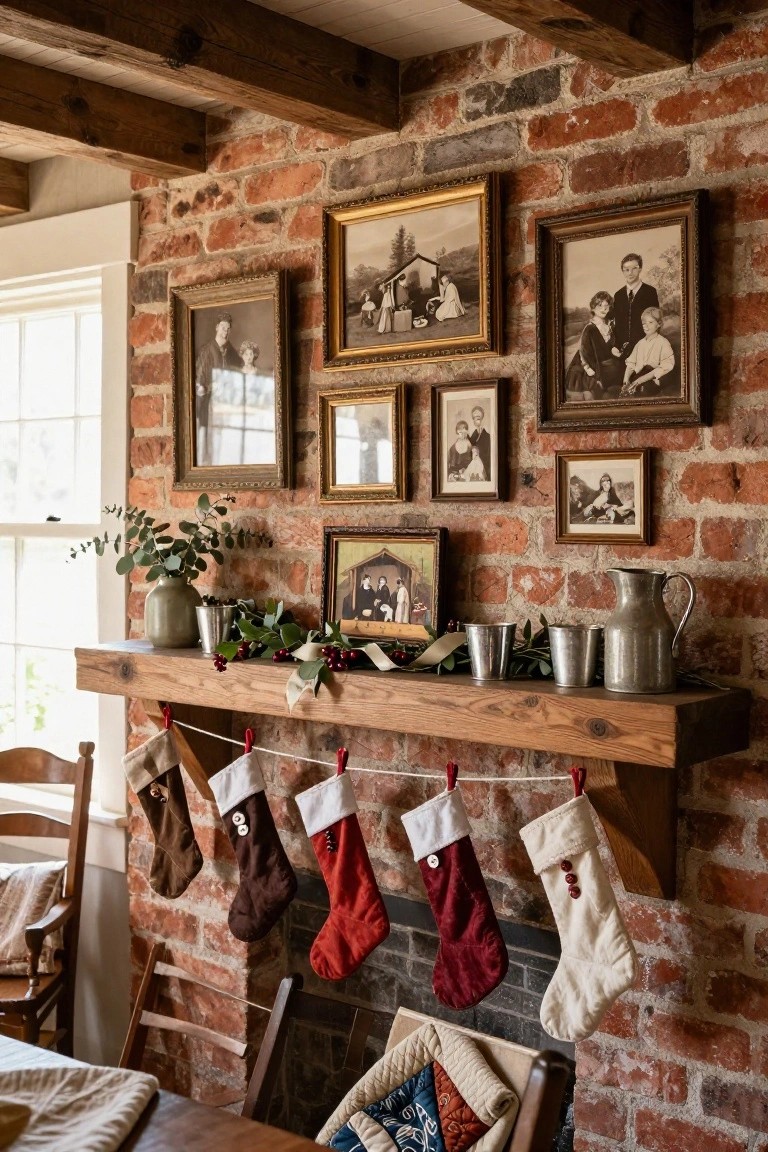 Exposed brick interior wall with wooden mantel shelf holding greenery, silver cups, pitcher, and berries, colorful stockings hanging below, and multiple gold-framed vintage black-and-white family portraits arranged around a nativity scene painting.