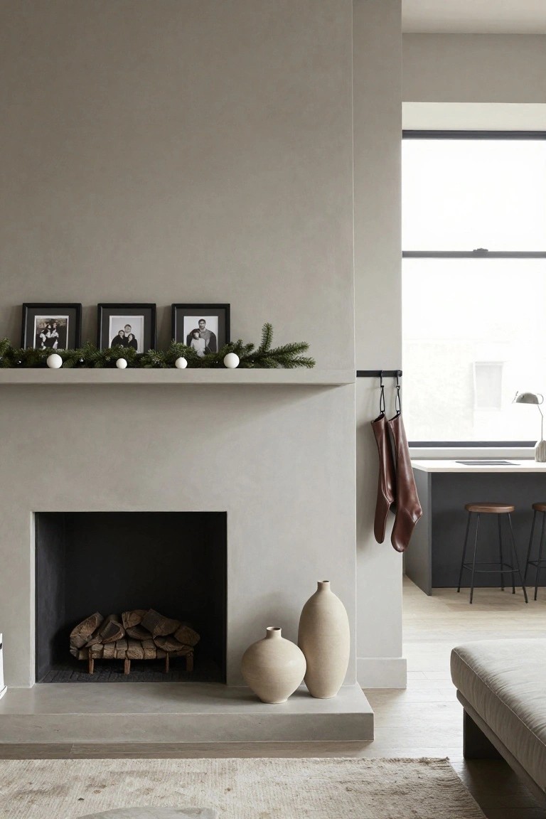Beige stone fireplace mantel with three black-framed family photos centered above evergreen garland and white baubles, brown leather stockings hanging nearby, stacked firewood in the firebox, and two tall beige ceramic vases on the hearth in front of a light wood floor.