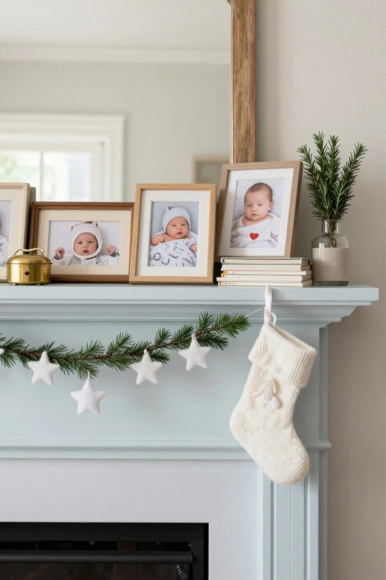 Light blue fireplace mantel topped with multiple small wood frames showing a baby, stacks of books, glass vase with rosemary plant, evergreen garland strung with white felt stars, and white knit Christmas stocking hanging from one end.