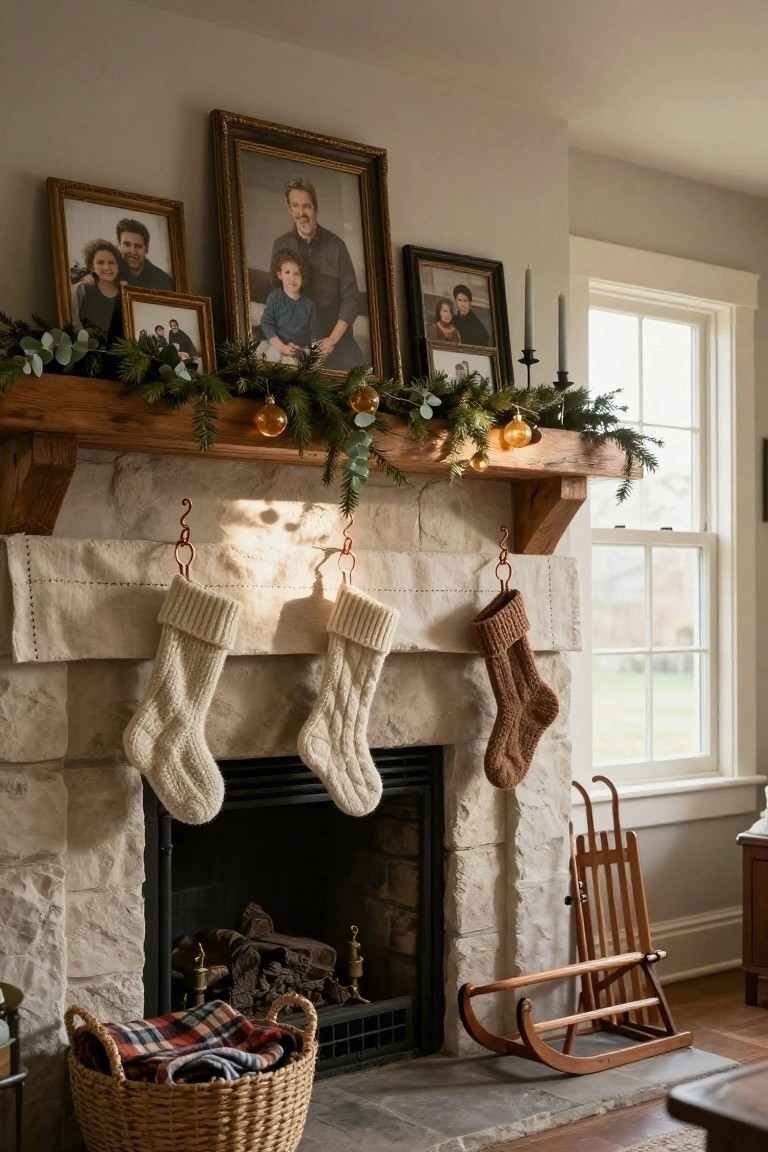 Rustic wood mantel over stone fireplace with evergreen garland, gold ball ornaments, multiple family photos in gold and black frames, knit stockings on copper hooks, wooden sled nearby, and basket by hearth.