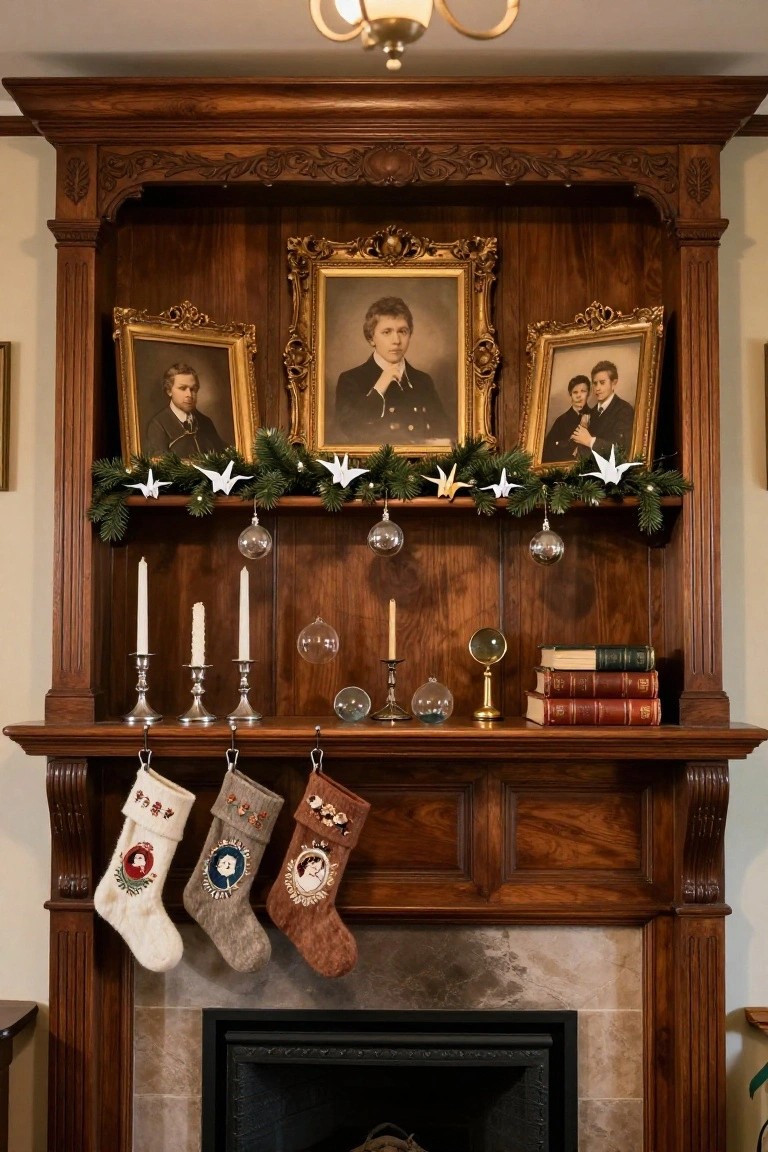 Ornate wooden mantelpiece and built-in bookshelves with gold-framed vintage portraits of people in formal attire, Christmas pine garland with white origami cranes, glass ornaments, candles, books, and four embroidered stockings hanging in front of a fireplace.
