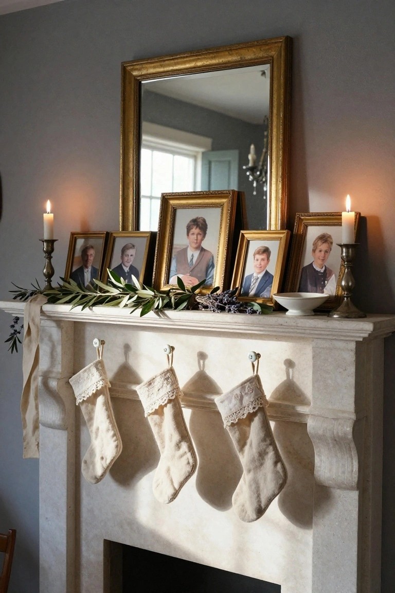 Christmas mantel on a stone fireplace with multiple gold-framed family portraits arranged along the top, flanked by candles, olive branches, lavender sprigs, and a white bowl, with lace-trimmed stockings hanging below.