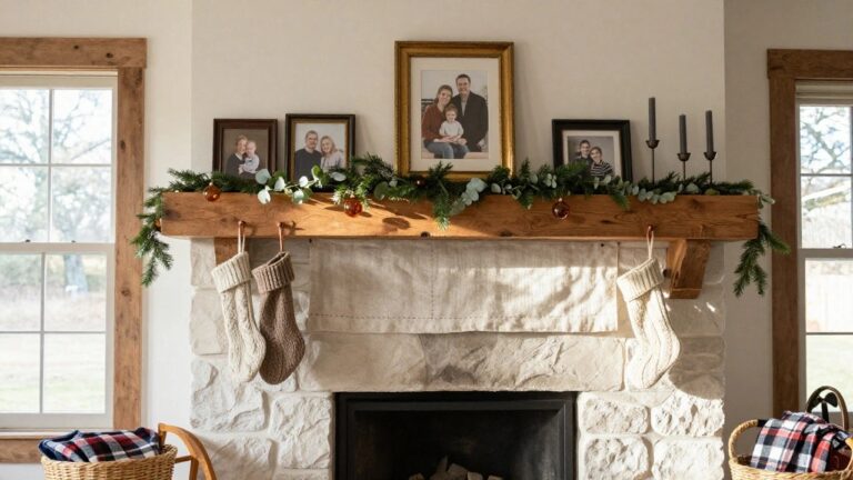 Rustic wood mantel over stone fireplace with evergreen garland, gold ball ornaments, multiple family photos in gold and black frames, knit stockings on copper hooks, wooden sled nearby, and basket by hearth.