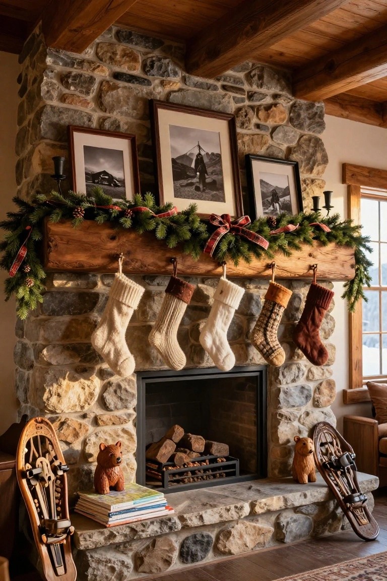 Rustic stone fireplace mantel with evergreen garland, plaid ribbons, four colorful stockings hanging from wooden beam, burning logs inside, wooden skis and teddy bear on hearth, three black-and-white framed mountain photos above, wooden beams and window in background
