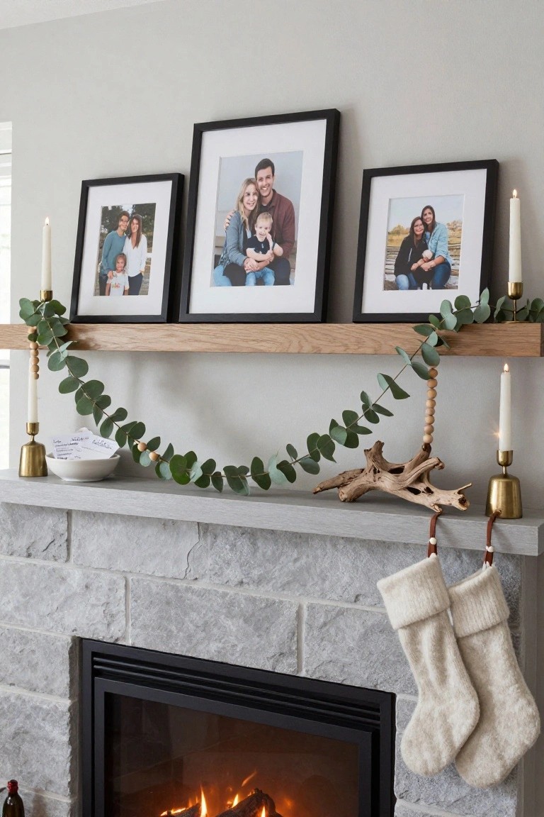 Framed Family Photos on the Mantle Shelf