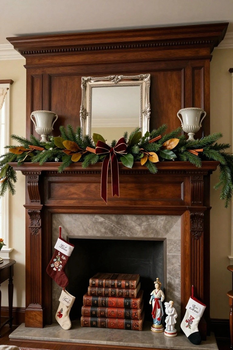Wooden fireplace mantel decorated with evergreen garland, magnolia leaves, cinnamon sticks, and a velvet bow, with personalized embroidered stockings hanging from the hearth, stacked antique books, and porcelain figurines on the stone hearth.