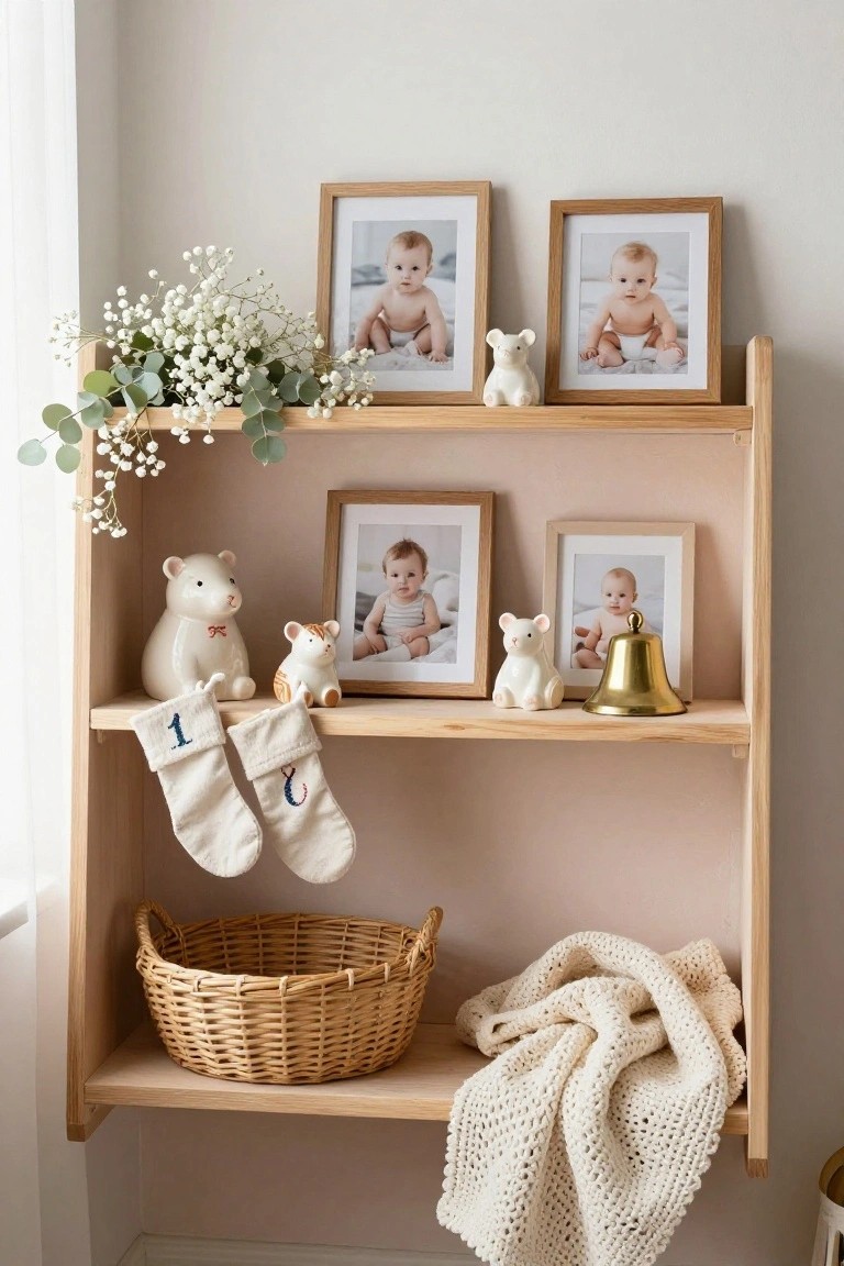 Wooden wall shelf unit in a nursery displaying multiple framed photos of babies, white stuffed bear and mouse toys, two Christmas stockings embroidered with the number 1, a gold bell, wicker basket, knit blanket, and baby's breath greenery.