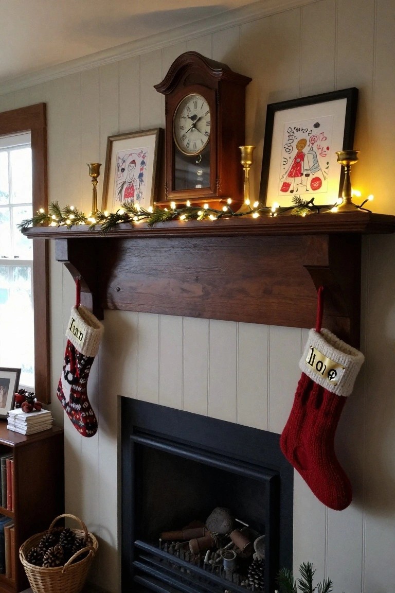Wooden fireplace mantel decorated for Christmas with evergreen garland, brass candlesticks, framed artwork, a pendulum clock, and two knit stockings personalized with names JAD and LOΦ hanging from it, plus pinecones in a basket nearby.