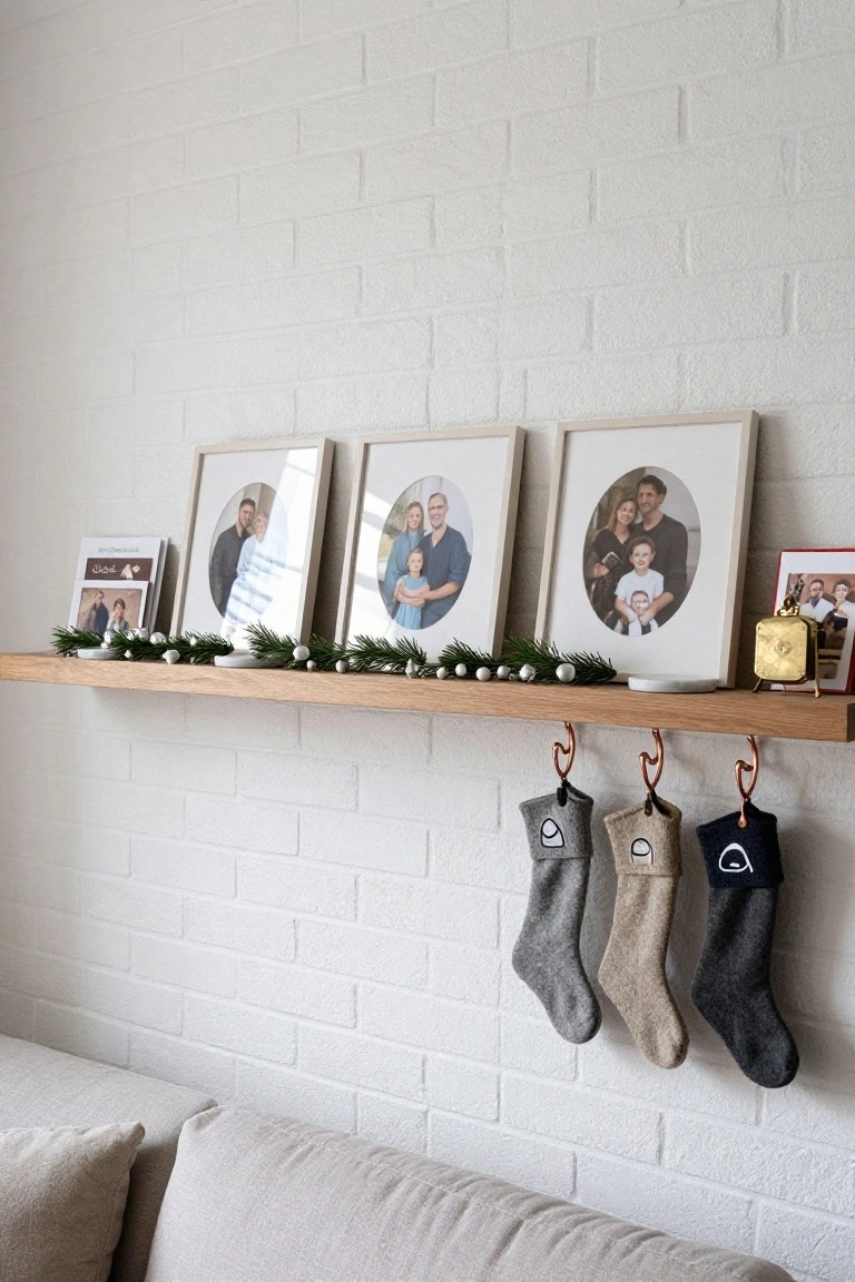 Wooden floating shelf on white brick wall displaying multiple family photo frames, evergreen garland with white berries, small books and decor items, with gray, tan, and black wool stockings hanging from copper hooks below and a beige sofa at the base.