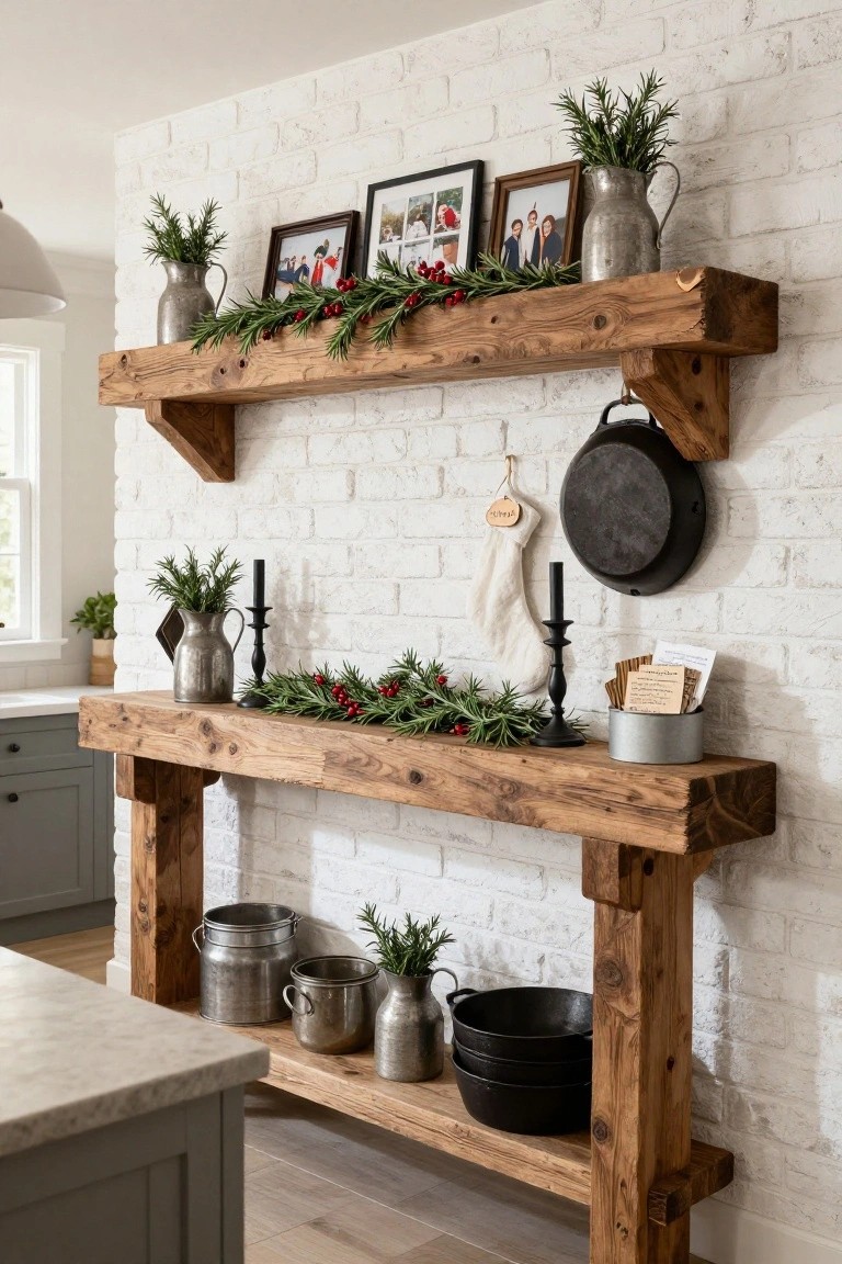 White brick wall in a kitchen with upper floating wooden shelves and lower wooden console table holding metal pitchers, family photo frames, evergreen garlands with red berries, black candlesticks, and cast iron pans.