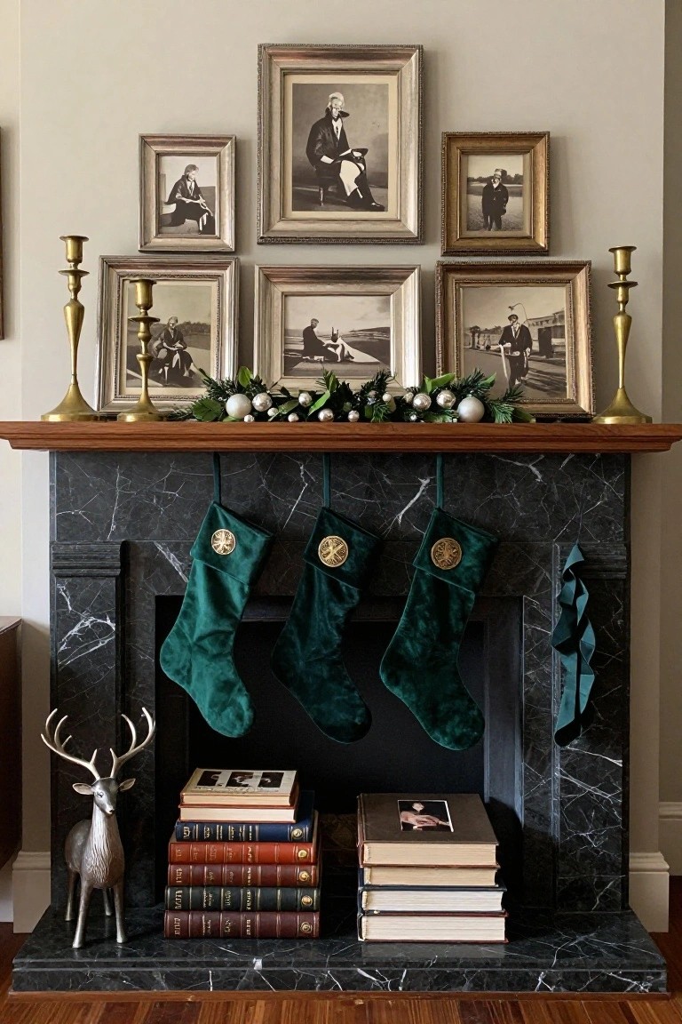 Black marble fireplace with wooden mantel holding brass candlesticks, evergreen garland with ornaments, three green velvet Christmas stockings, a brass deer statue, and stacked books on the hearth below a gallery wall of seven framed black-and-white vintage photos.